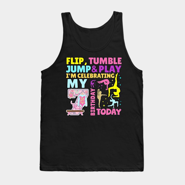 Gymnastics Girls 7th Birthday Themed Party Kids Seven Year Old Tank Top by HollyDuck